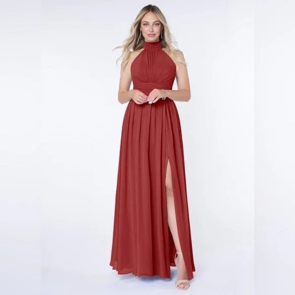 Azazie Iman Flowy A-Line Ruched Chiffon Floor-Length Dress Rust/Red